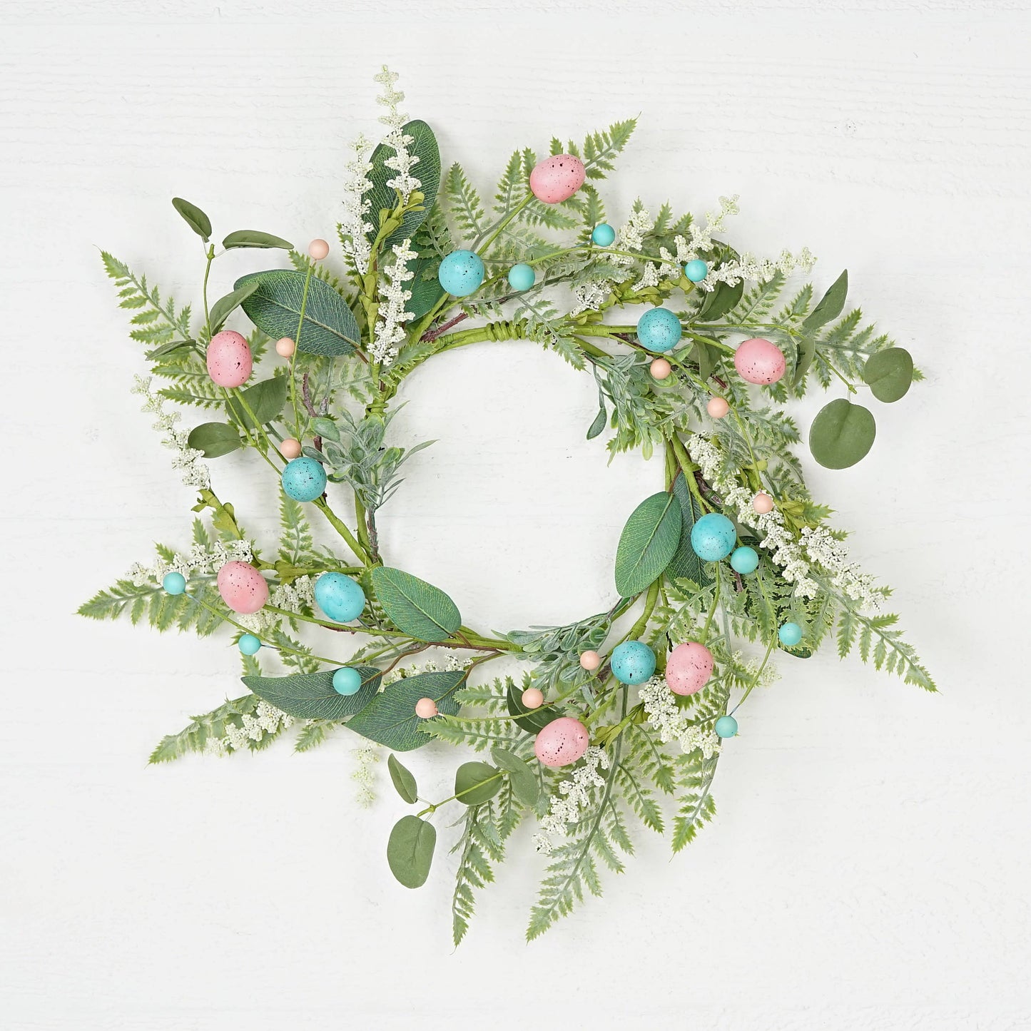 31192- 18in(6.5)Wreath-Blue Pink Eggs with Heathers and Gree