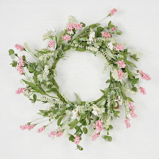 30960- 22in Wreath-Pink and Cream mixed mountain flowers-