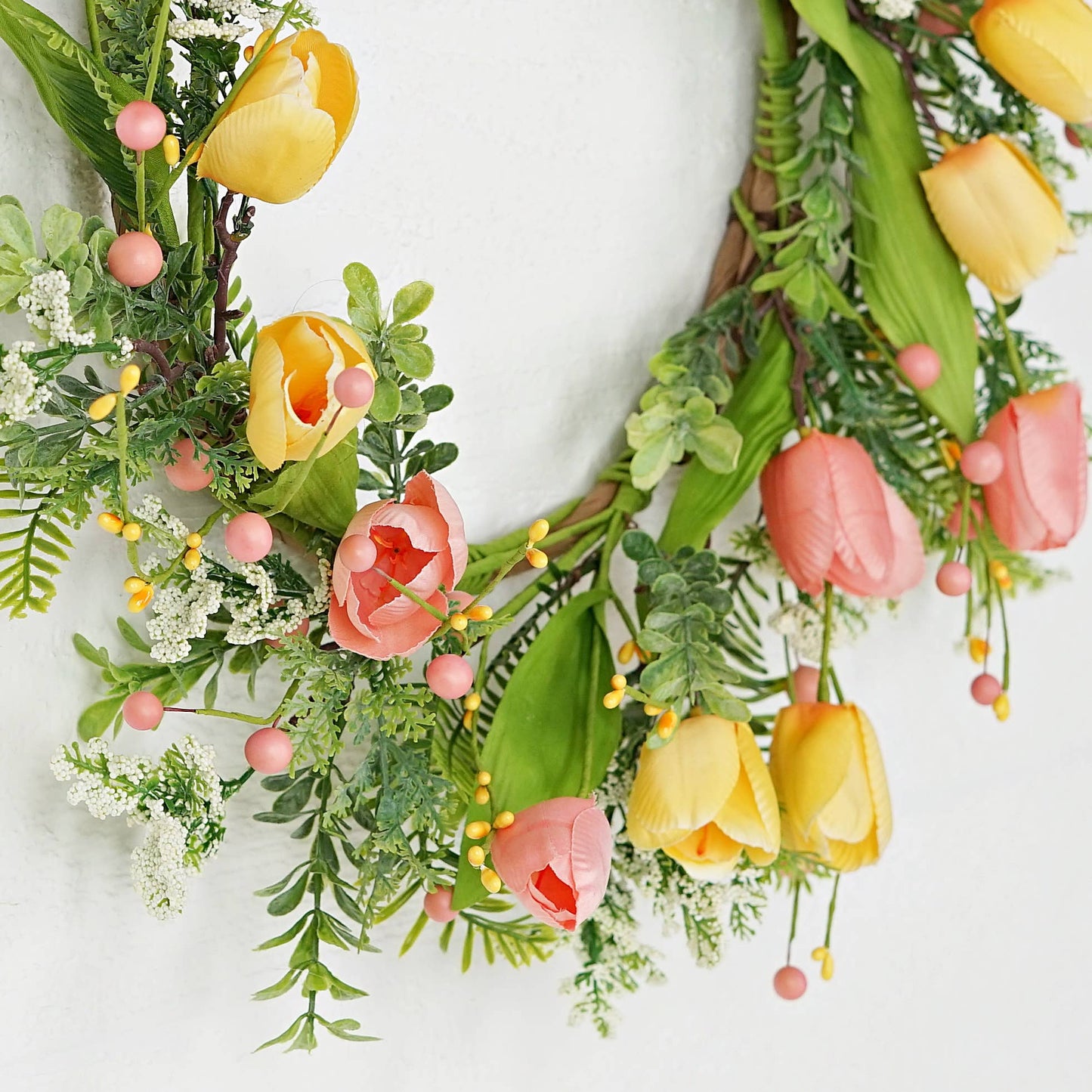 31180- 22in Wreath-Peach and Yellow tulips with greenery