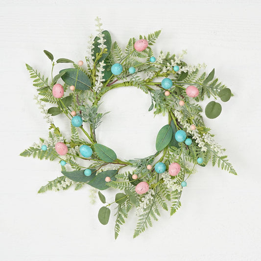 31192- 18in(6.5)Wreath-Blue Pink Eggs with Heathers and Gree