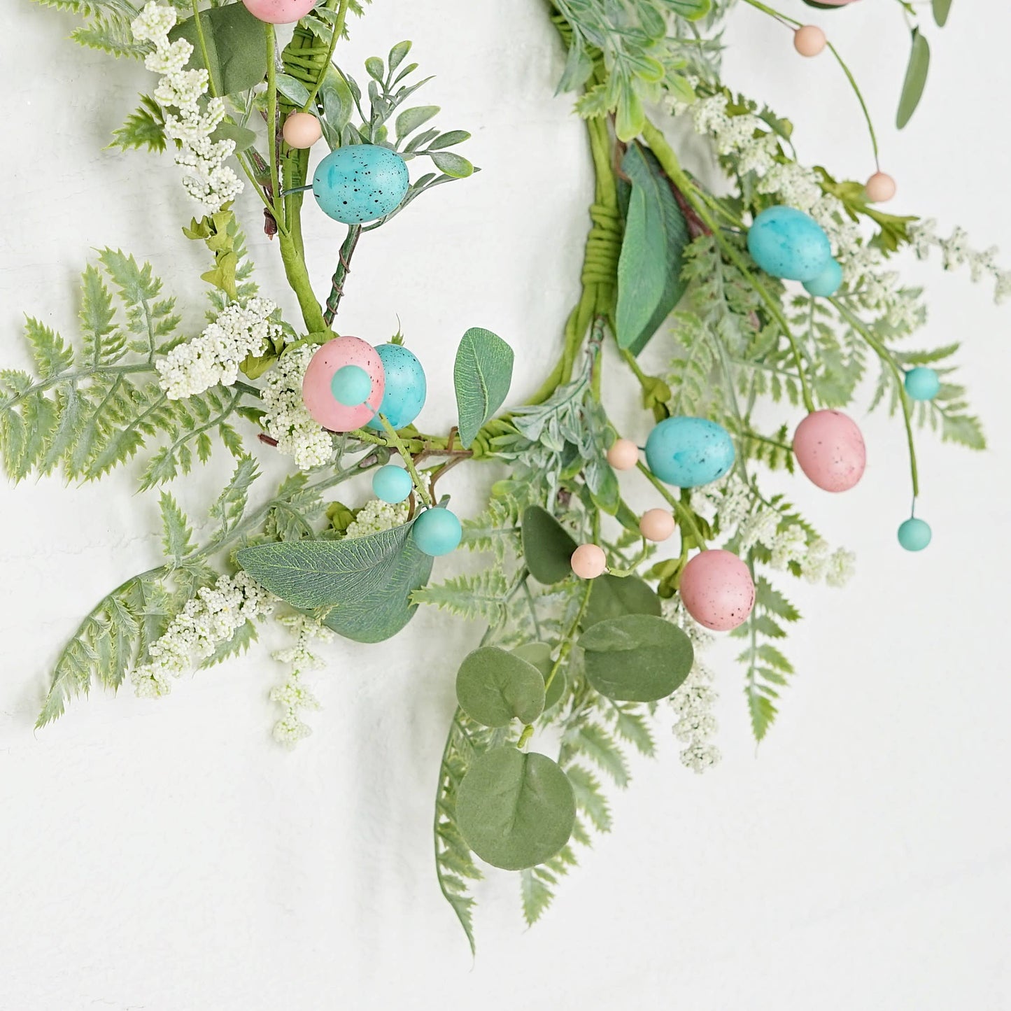 31192- 18in(6.5)Wreath-Blue Pink Eggs with Heathers and Gree