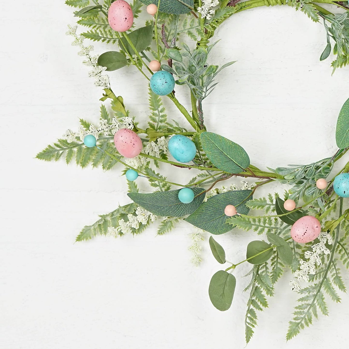 31192- 18in(6.5)Wreath-Blue Pink Eggs with Heathers and Gree