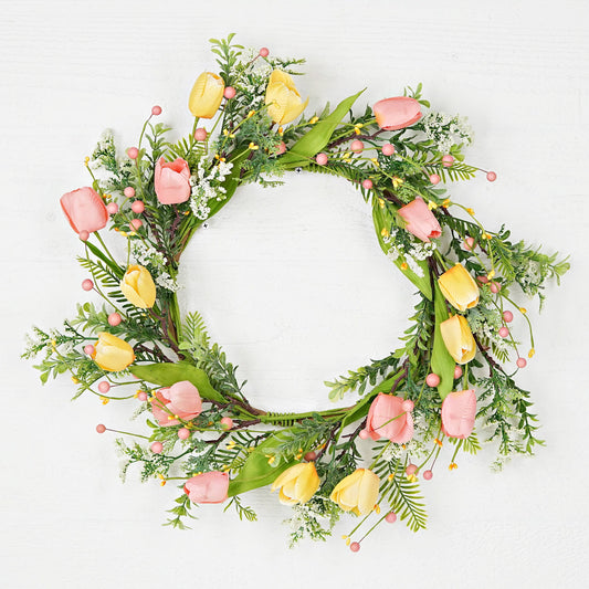 31180- 22in Wreath-Peach and Yellow tulips with greenery