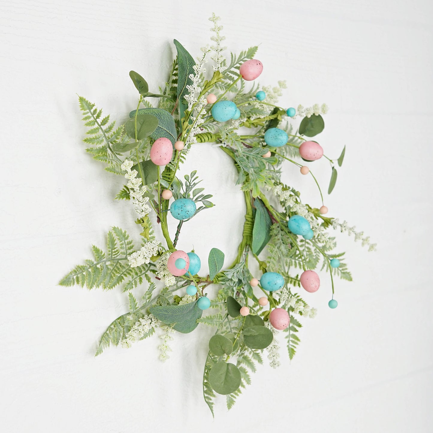 31192- 18in(6.5)Wreath-Blue Pink Eggs with Heathers and Gree